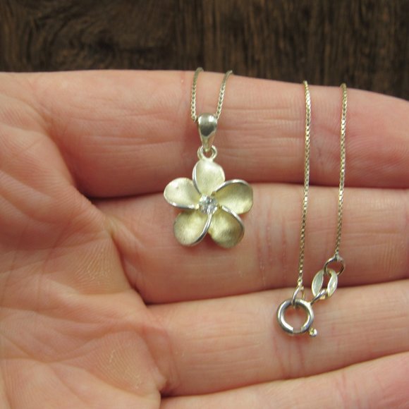 16" Sterling Silver Single Cubic Zirconia Flower Pendant Necklace Vintage - Picture 2 of 7